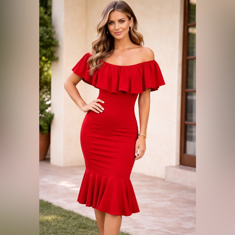 LuLaRoe Cici Red Ruffled Off-Shoulder Midi Dress